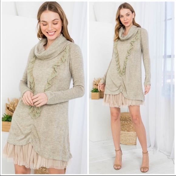 A’reve Wheat Cowl Neck Sweater Mini dress ruffle layer hem lined new - Picture 3 of 4